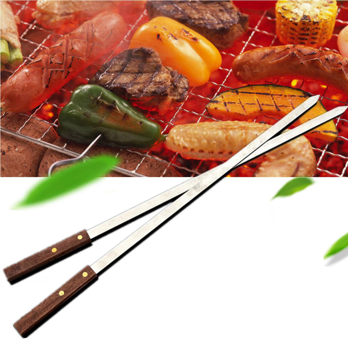 1Pcs 54cm Long Stainless Steel BBQ Barbecue Skewer Wood Handle Grill Roasting Stick Fork
