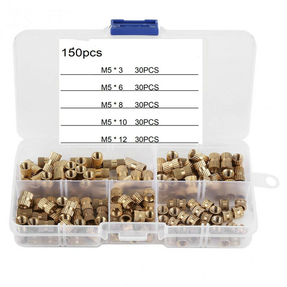 Suleve M5BN1 150Pcs M5 Brass Cylinder Knurled Threaded Round Insert Nuts Embedded Nut Assortment Kit