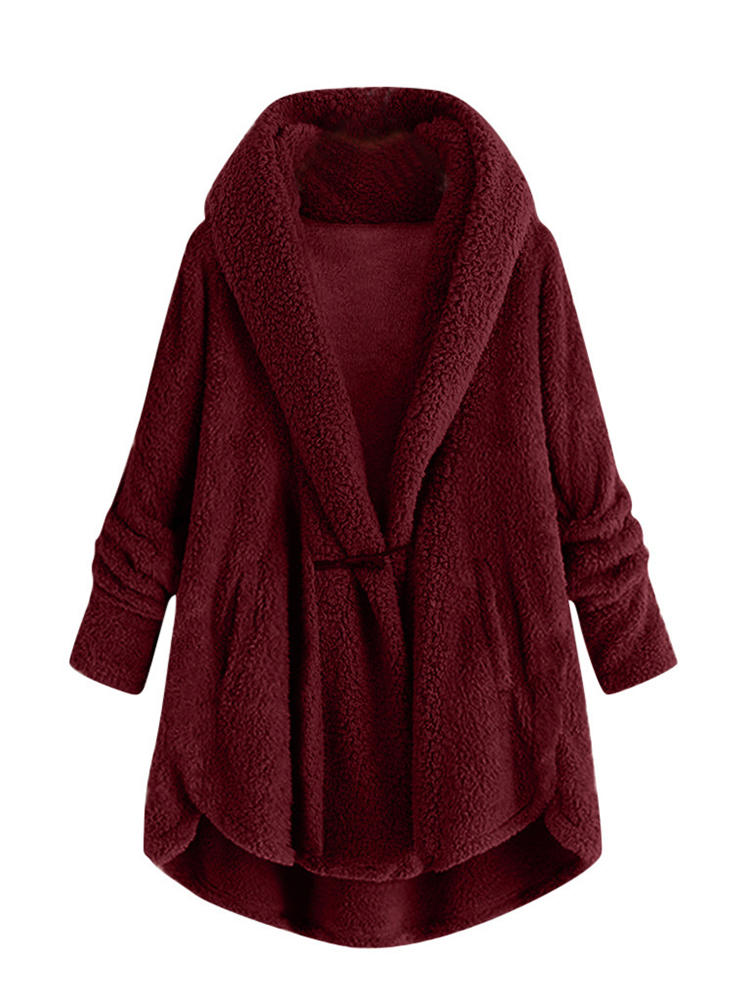 Pure color hooded horn buckle fleece coats for women Sale - Banggood ...