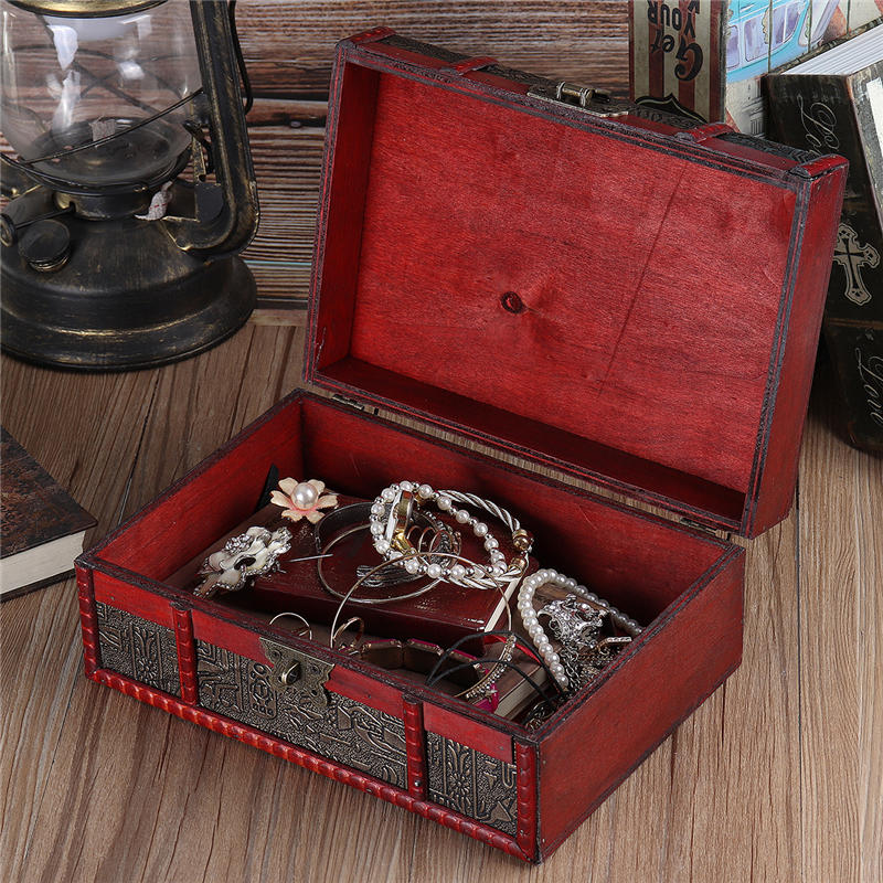 Retro Lock Jewelry Storage Organizer Wooden Case Treasure Chest Box Vintage