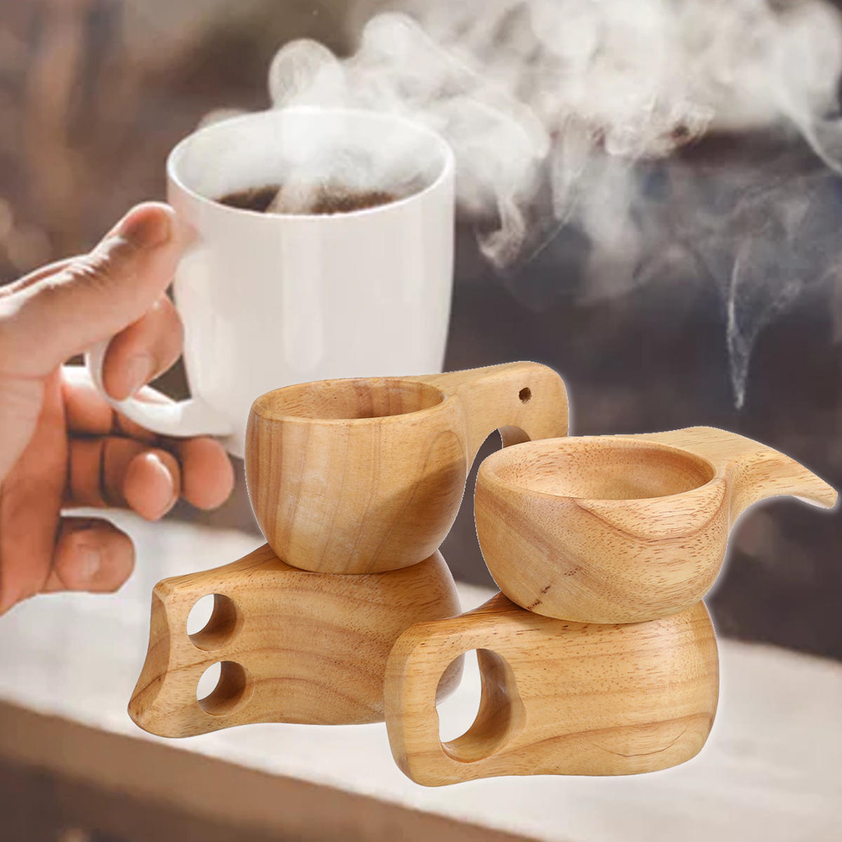 4パターンシックなコーヒーカップヴィンテージラバー木製ミルク飲用マグカップ