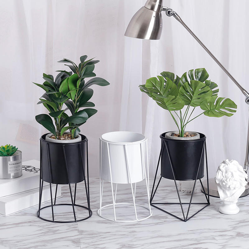 Tuinieren Wit Zwart metalen rek Keramische vetplant Pot Desktop Vaas Bloem Planter Decoraties