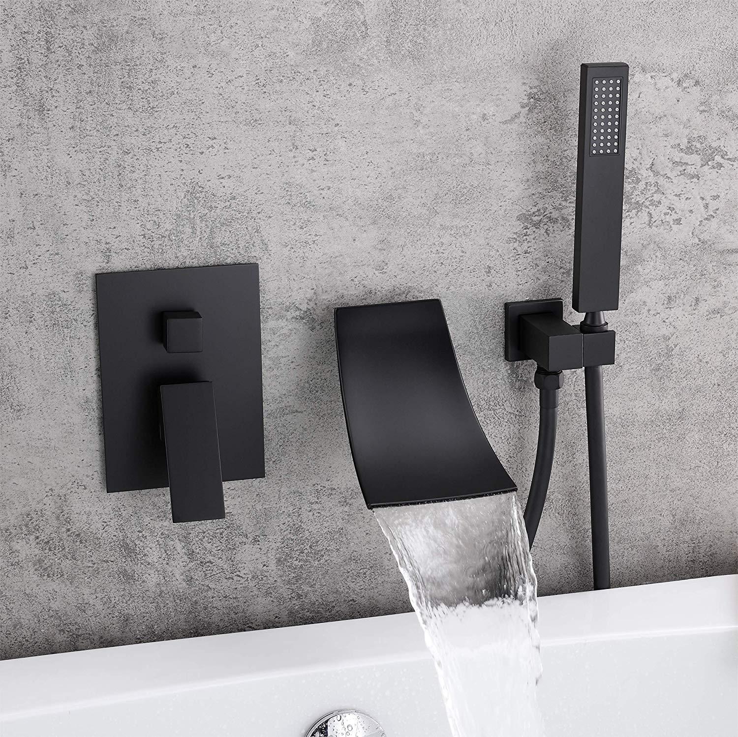

Waterfall Wall-Mount Tub Faucet with Handheld Shower Head Chrome Waterfall Spout Bathtub Faucet with Hand Shower Solid B