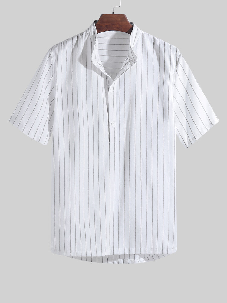 Mens Fashion Striped Short Sleeve Stand Collar Casual Shirts