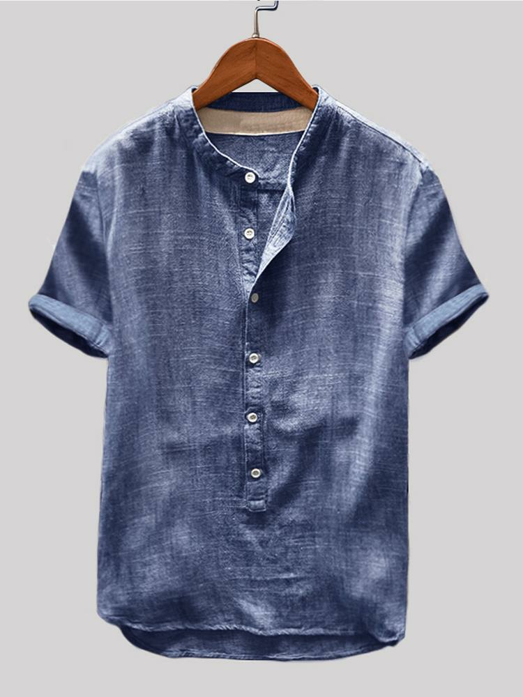 Heren vintage katoenen shirts opstaande kraag effen kleur korte mouw losse Henley shirts
