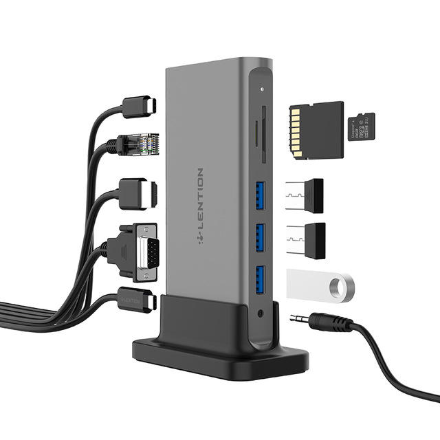 

Lention 11 in 1 USB-C Docking Station Adapter With 3 * USB 3.0/Type-C/USB-C PD/4K HD Displayport/VGA/RJ45 Internet Port/
