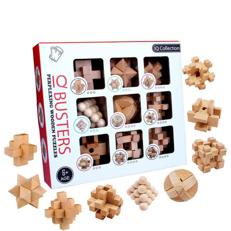 

9 Pcs Set Wooden Kong Ming Lock Game Toys For Children Adults IQ Brain Teaser Interlocking Puzzles English Version