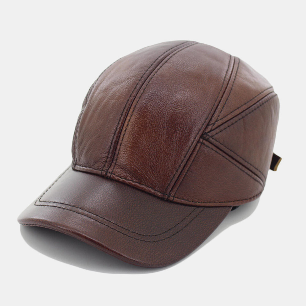 

Mens Plus Cashmere Genuine Leather Warm Baseball Cap With Ears Flaps Adjustable Thickened Vintage Hat