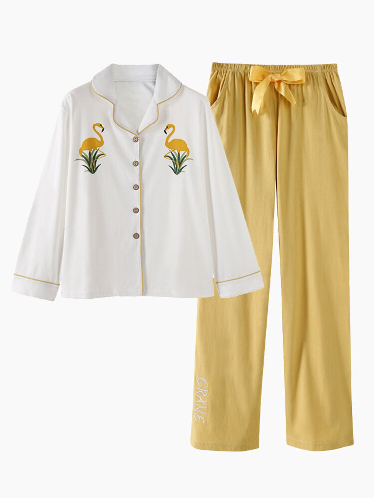 

Cotton Plus Size Oblique V-Neck Button-Down Printed Pajama Set