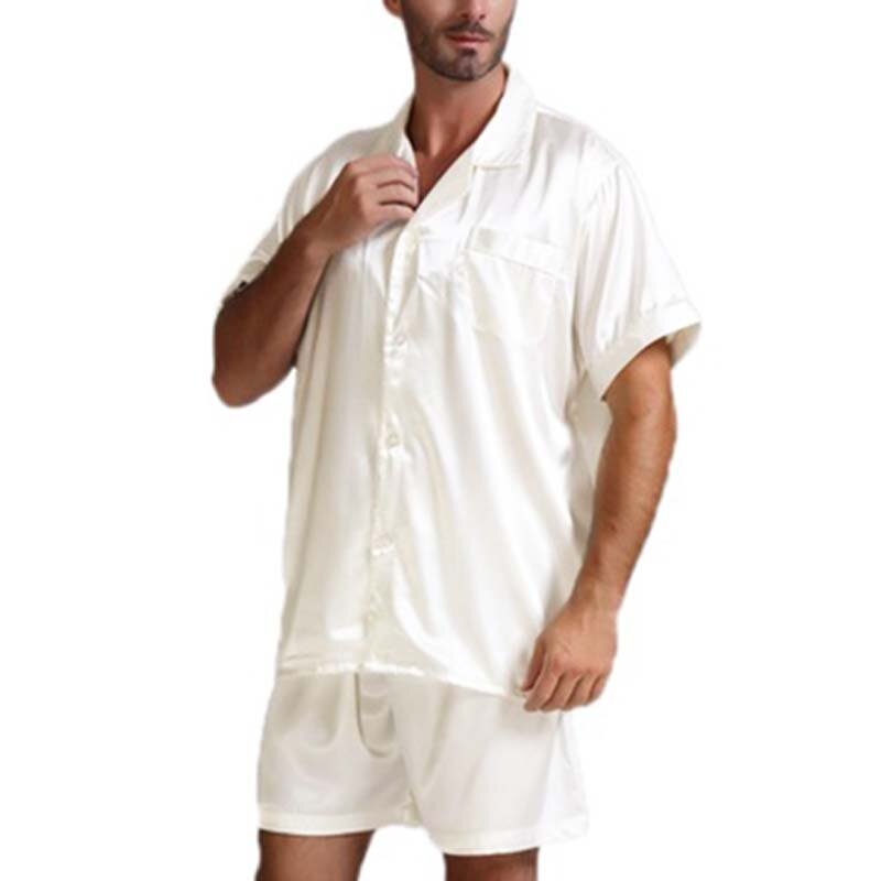 Men silk satin short sleeve pajama set sleepwear nightgown sleep pyjama ...