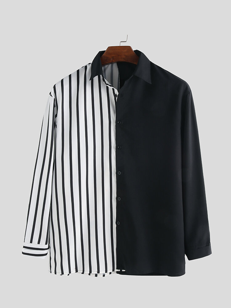 Men stitching pattern black white long sleeve fashion shirts Sale ...