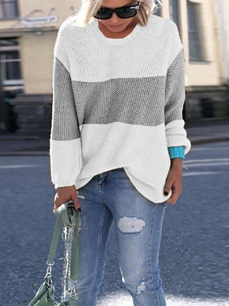 Women Casual Crew Neck Patchwork Long Sleeve Sweaters