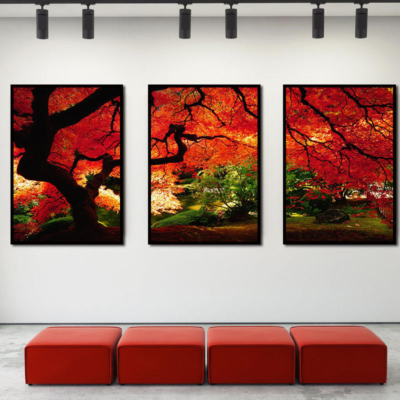 Miico Hand Painted Three Combination Decorative Paintings Maple Tree Wall Art For Home Decoration
