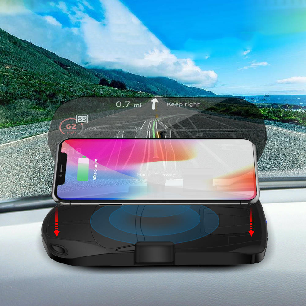 Universal HUD Head Up Display 10W Wireless Fast Charging Car Cell phone GPS Navigation Image Reflector Holder