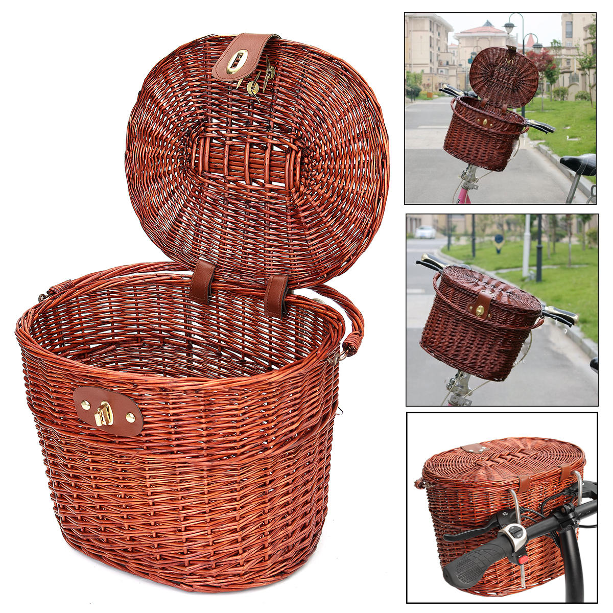 

Vintage Willow Wicker Bike Front Basket Box Handlebar For Shopping Camping Pet Fruit Bicycle Box