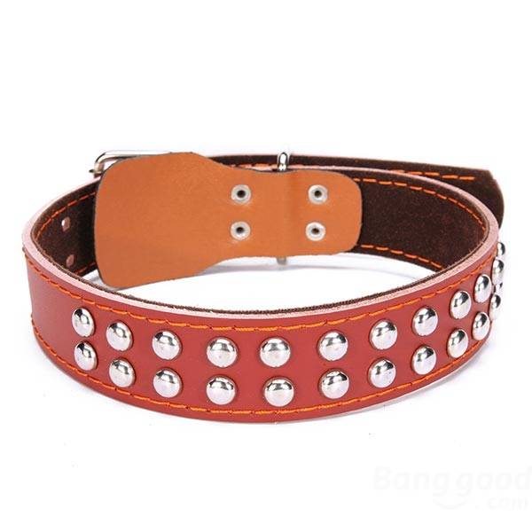 Two Row Rivet Studded Cowhide Leather For Pets Dogs Collar At