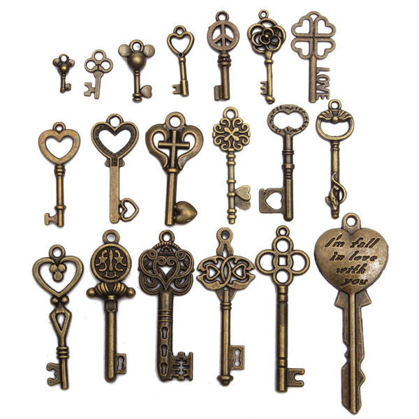 19 Stks Antieke Vintage Oude Look Skeleton Key Set Veel Hanger Hart Boog Lock Steampunk Jewel