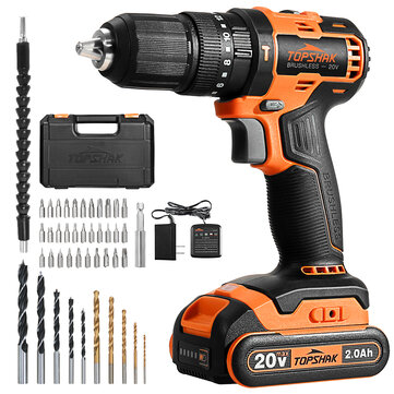 TOPSHAK TS-ED5 20V 13mm Brushless Impact Electric Drill 45N.m Torque 0-1650RPM Variable Speed W/1pc Battery EU/US Plug and 43pcs Accessories