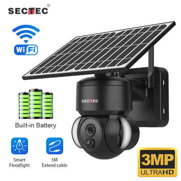 SECTEC Smart WiFi Solar Floodlight Camera Outdoors 3MP HD Surveillance Cam Motion Detection Color Night Vision Two-way Audio IP66 Waterproof for Home Security Monitoring