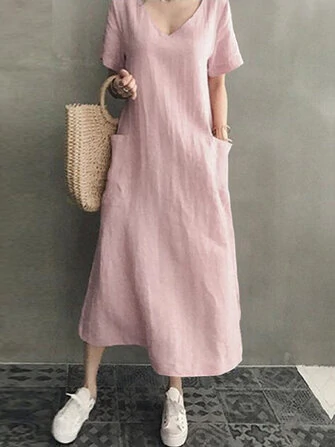 Women Cotton Short Sleeve V-neck Side Pocket Solid Midi Dress