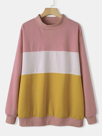 Women Color Block Stitching Drop Shoulder Casual Sweatshirts