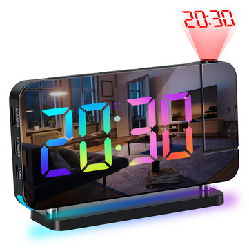 AGSIVO LED RGB Projection Digital Alarm Clock with Mirror Surface 10 Color Night Light Brightness Adjustable 12/24H For Home Bedroom Office