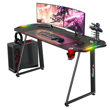 Hoffree Gaming Desk 55'' Large Desktop Ergonomic Design with Cup Holder Headphone Hook & Mouse Pad RGB Light for Home Office
