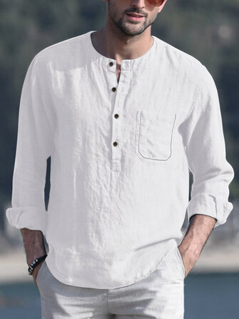Mens Linen Chest Pocket Causal Loose Long Sleeve Henley Shirt