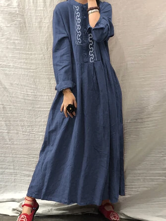 Women Vintage Ethnic Embroidery Button Front Long Sleeve Shirt Maxi Dresses