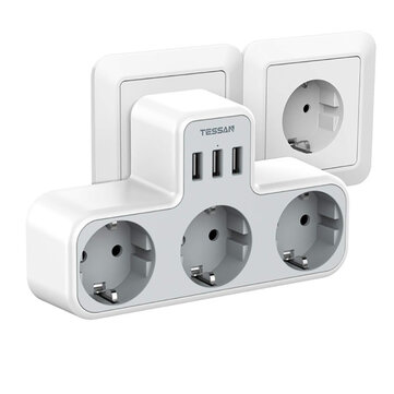 TESSAN TS-323-DE German/EU Wall Socket Extender with 3 AC Outlets/3 USB Ports 5V 2.4A Power Adapter Overload Protection Sockets for Home/Office
