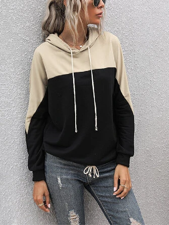 Women Contrast Color Patchwork Casual Regular Fit Drawstring Pullover Hoodie