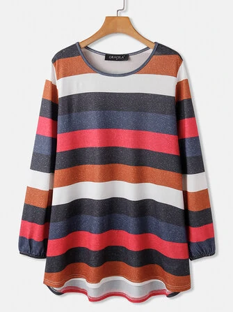 Women Colorful Horizontal Stripe Round Neck Casual Long Sleeve Blouses