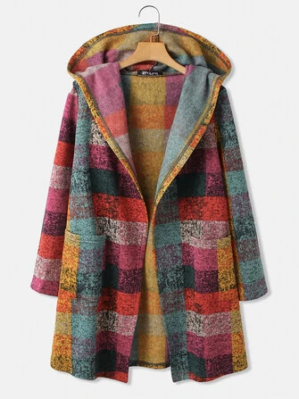 Women Colorful Plaid Open Front Double Pocket Casual Hooded Cardigan Coats