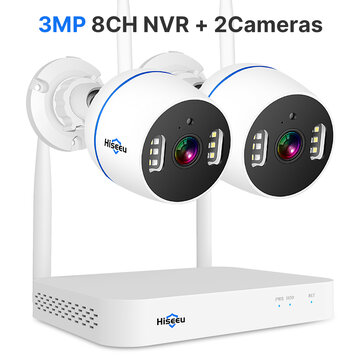 Hiseeu 3MP 8CH NVR + 2 WIFI Security PTZ Camera Kit Human Detection IR Night Vision IP Camera Set Wireless CCTV Surveillance System