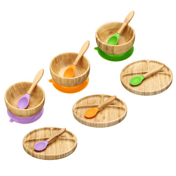 Baby Bamboo Suction Bowl Plate and Matching Spoon Set Kids Put Feeding Bowl