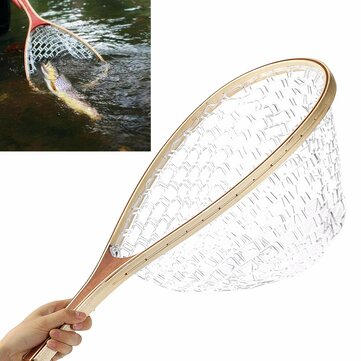 Hot Rubber Fly Fishing Landing Net Fish Catch Release Net Wood Handle Frame D4W4