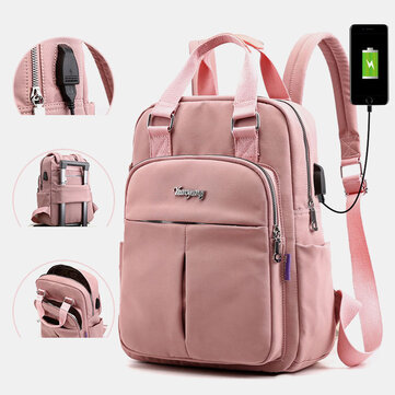 Women Fashion Nylon Waterproof Casual Patchwork Backpack With USB Charging Port For Outdoor School