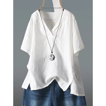 Casual women short sleeve v-neck cotton split hem blouse Sale ...