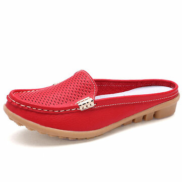 New Women Casual Fashion Breathable Round Toe Slip-On Leather Flat Sandals Shoes