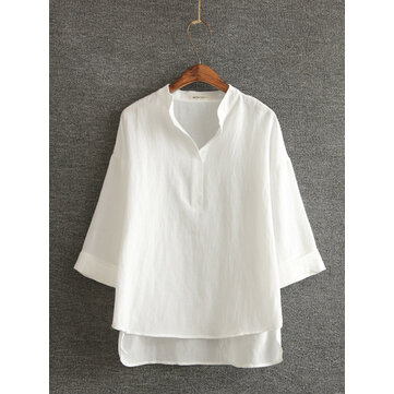 Casual Women Cotton Linen Solid Color Stand Collar 3/4 Sleeve Tops - US ...