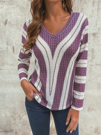 Stripe V-Neck Long Sleeve Casual Knit Sweaters Blouse For Women