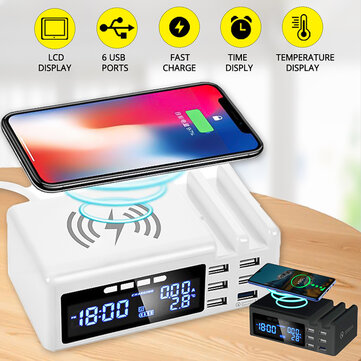 Qi Wireless Phone ChargeQC3.0 Smart LCD Clock 48W 5 Ports 2.1A Adapter Temperature Display Desktop Charging Station For iPhone Adapter+Type C - EU Plug White