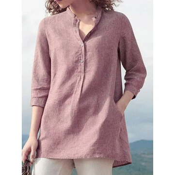 Women 3/4 Sleeve V Neck Button Down Tops Casual Loose Shirts Blouse